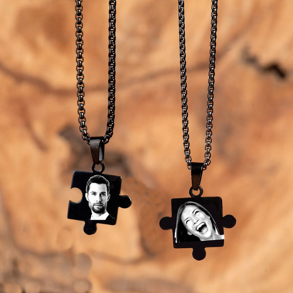 Custom Couple Puzzle Necklace - Gold Black